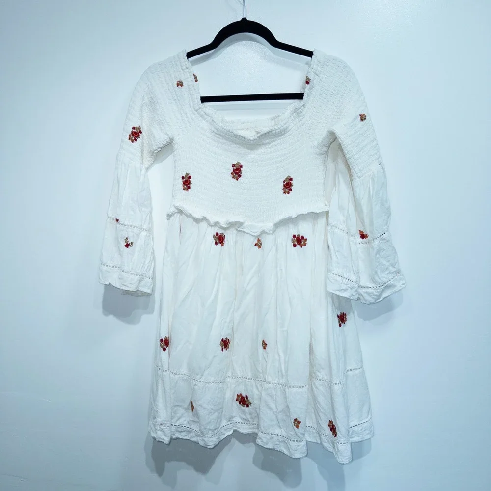 Free People‎ Ivory White Counting Daisies Embroidered Mini Dress Medium